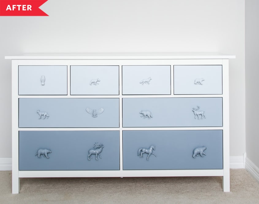 After: IKEA HEMNES dresser with ombre blue drawers and knobs made from animal figurines