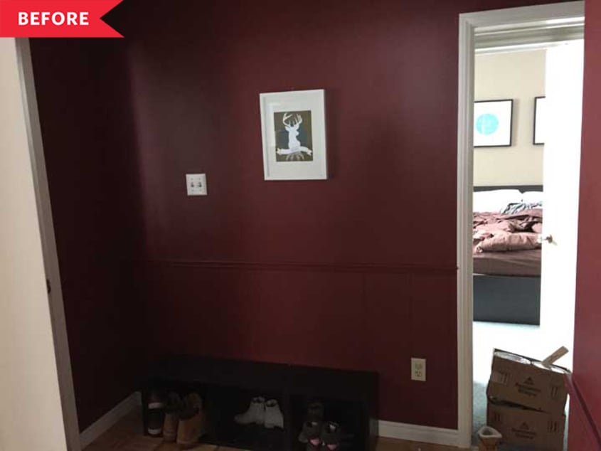Before: Dark, cramped entryway with deep red walls