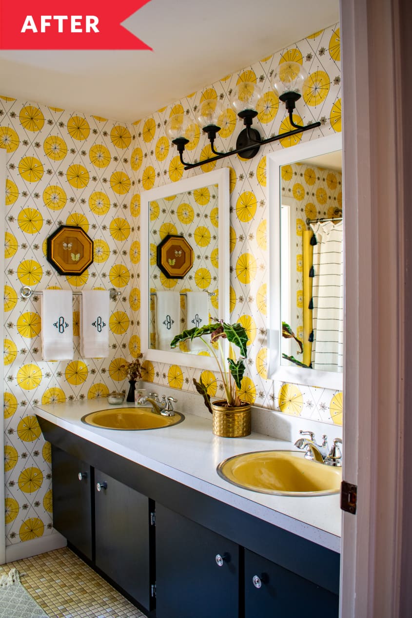 After: Bathroom with bright yellow wallpaper