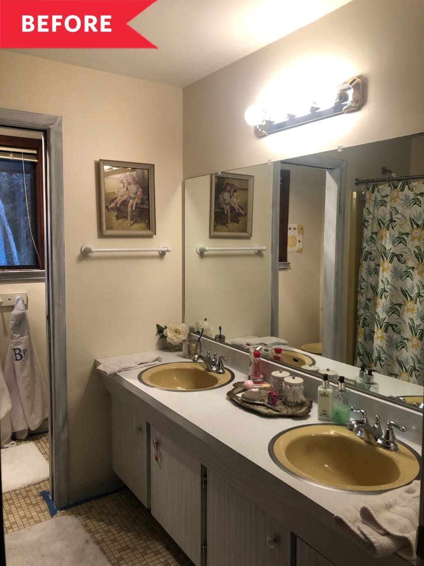 Before: Dated bathroom with beige walls, cornflower sinks, and white vanity