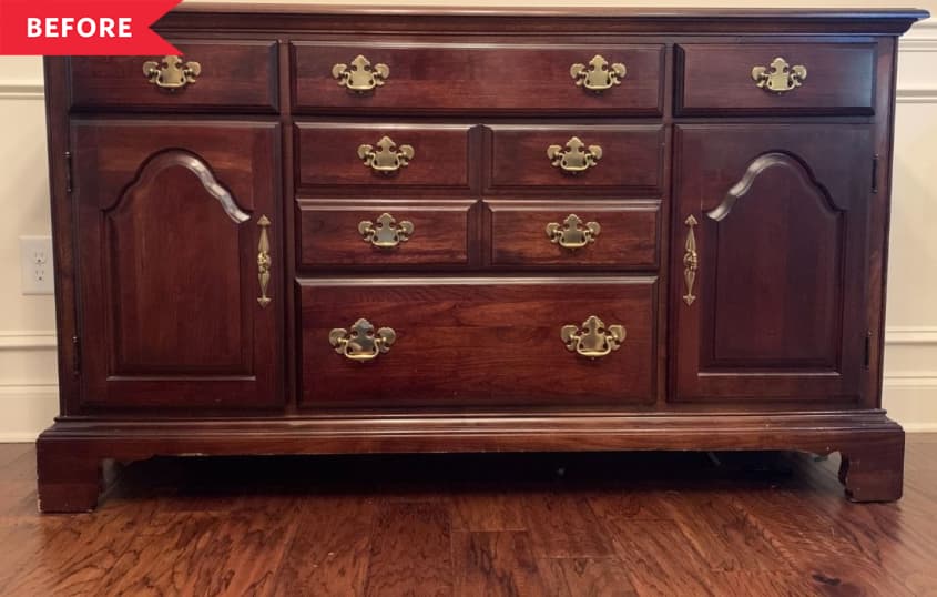 Before: a sideboard with a dark wood finish and intricate barrel pulls