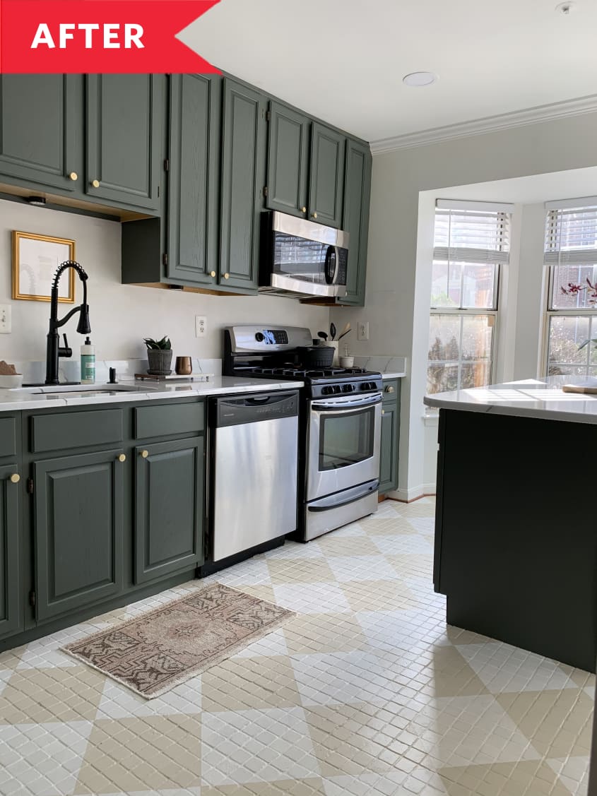 After: Kitchen with green cabinets and checkerboard painted floor