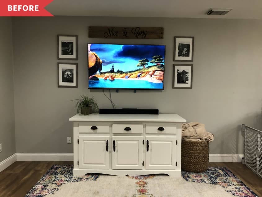 Before: TV above a white farmhouse-style sideboard