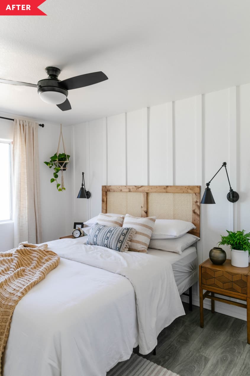 After: White bedroom with board and batten walls, a bed with a cane headboard, and black ceiling fan