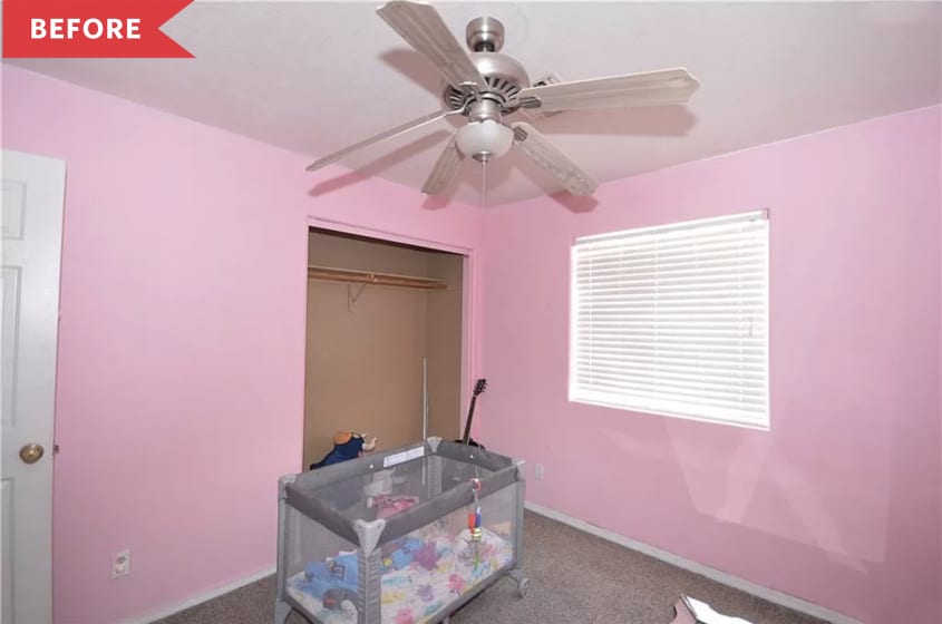 Before: bright pink bedroom with play pen and dated ceiling fan