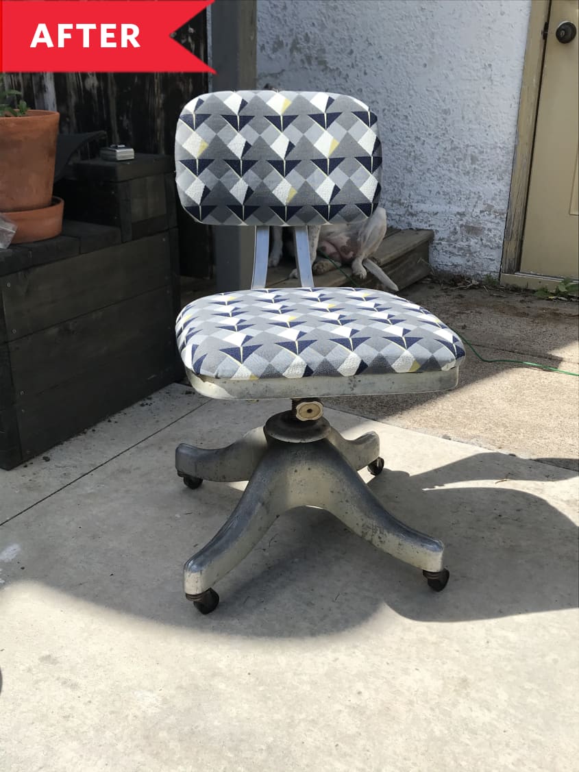 After: Vintage desk chair with black, white, and gray fabric upholstery
