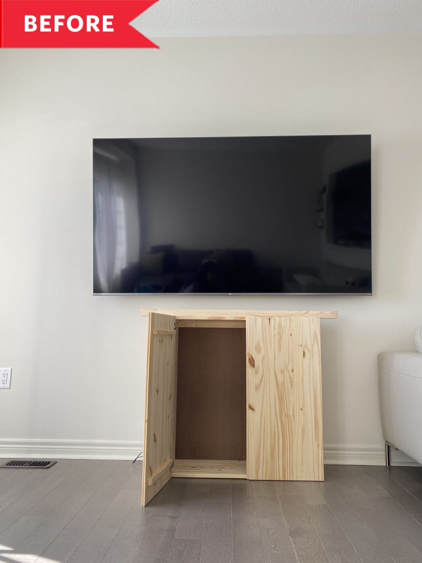 Before: TV mounted above unfinished IKEA Ivar