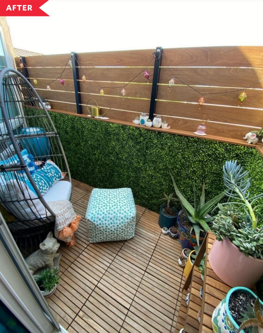 After: Balcony with privacy screen, comfy chair, and plants