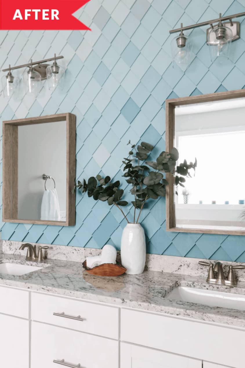After: Blue shingle wall above bathroom vanity