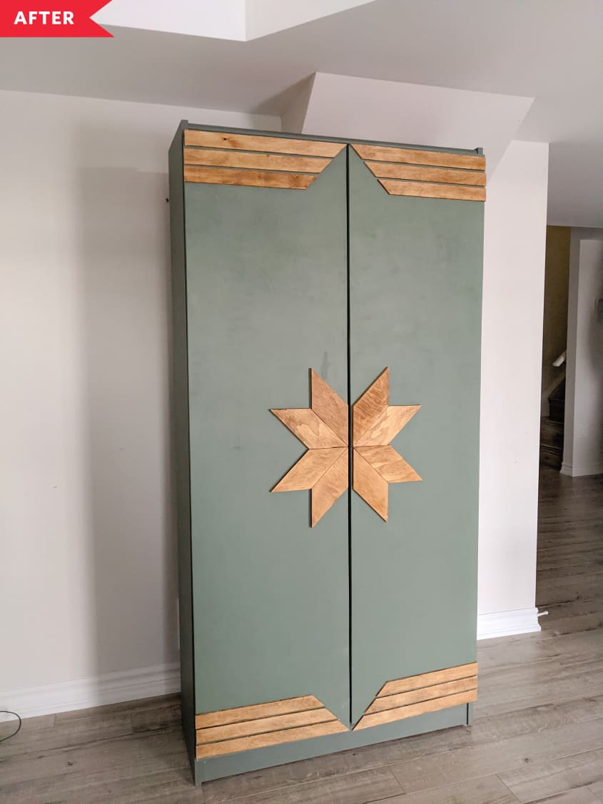After: Green cabinet with wood-tone trim on top and bottom of doors, with star motif in the middle