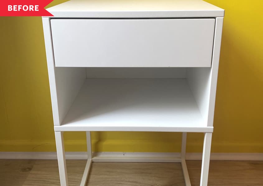 Before: Plain white IKEA nightstand on legs
