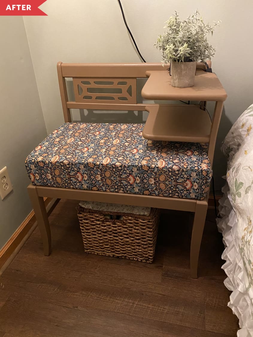 After: tan-painted vintage telephone bench with padded floral fabric seat
