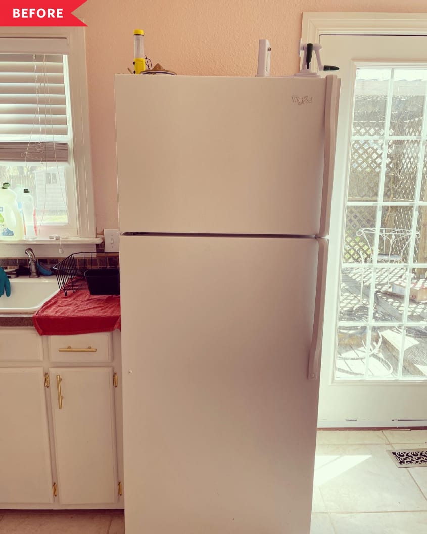 Before: Plain white fridge with rust spot on side