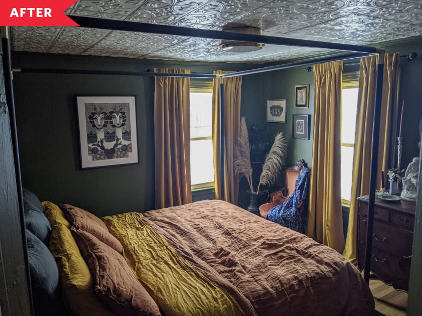 After: Bedroom with green walls, tin tile ceiling, yellow curtains, and vintage furniture