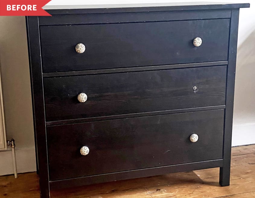 Before: Basic dark wooden IKEA HEMNES with missing drawer pull