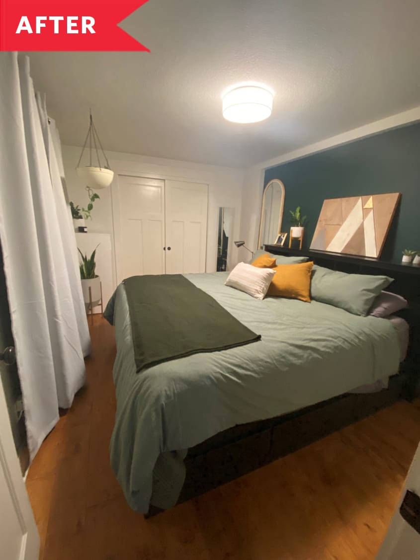 After: Bedroom with dark green accent wall and pale green bedspread
