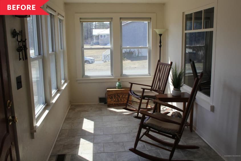 Before: white sunroom with tan tile floors and two wood rocking chairs