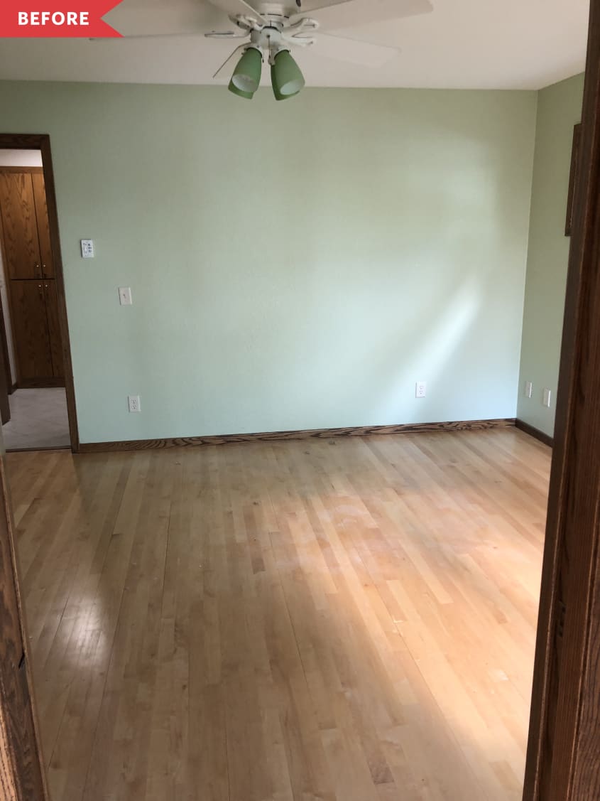 Before: Bedroom with wood floors, light green walls, and white ceiling fan