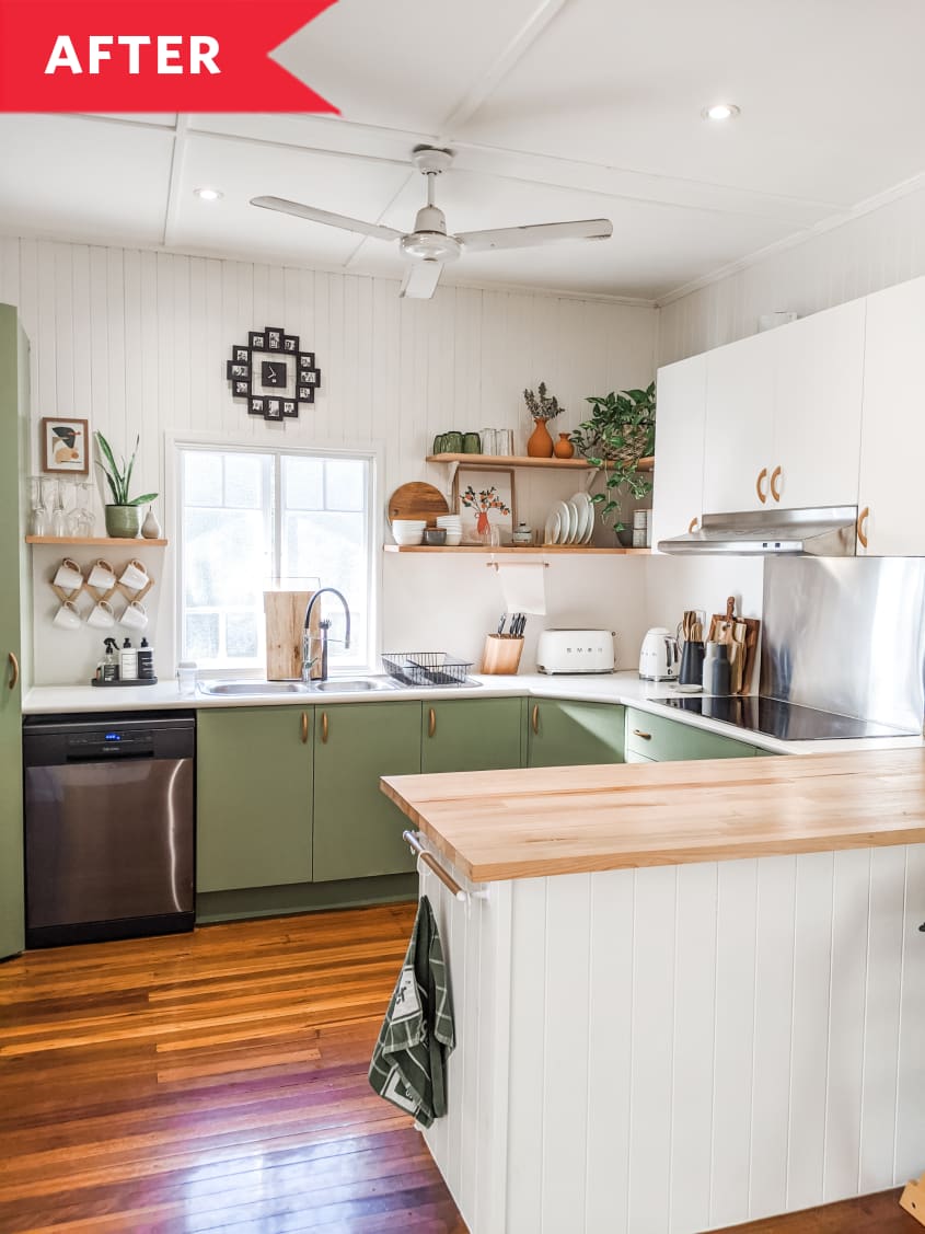 After: Green and white kitchen with peninsula