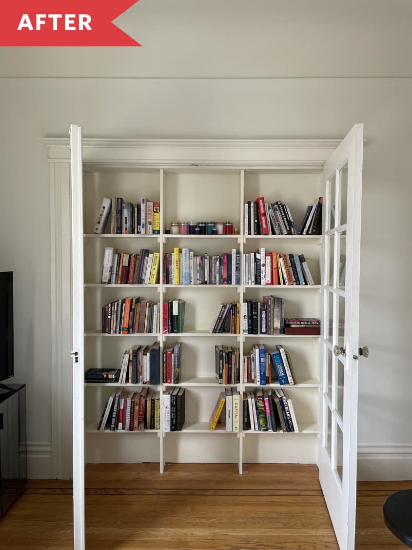 Open glass cabinet doors mounted shelves