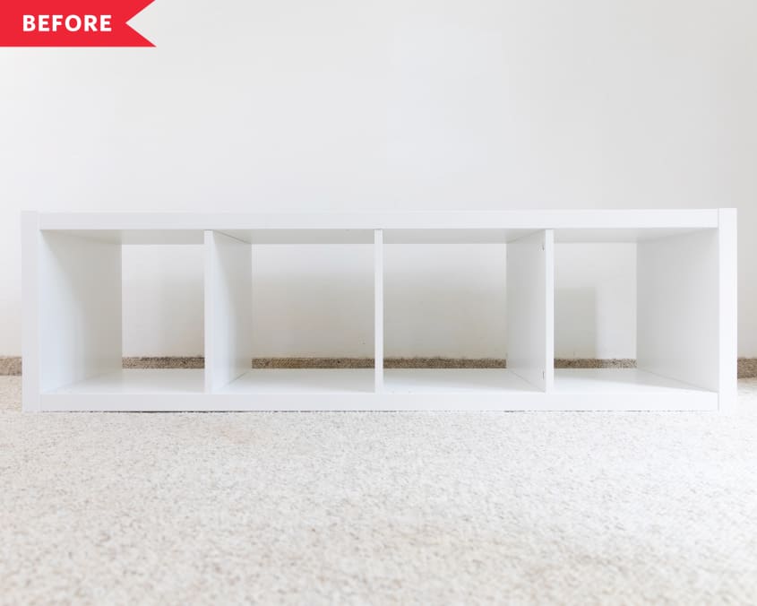Before: white four-cube IKEA KALLAX shelf laid horizontally on white carpet