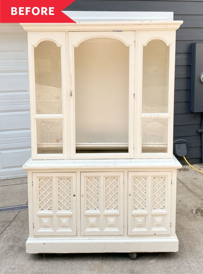 Before: White glass-front hutch with latticed cabinet doors at the bottom