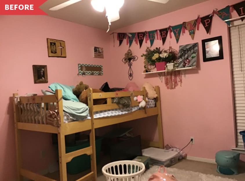 Before: Kids' bedroom with lofted bed, pink walls, and garland