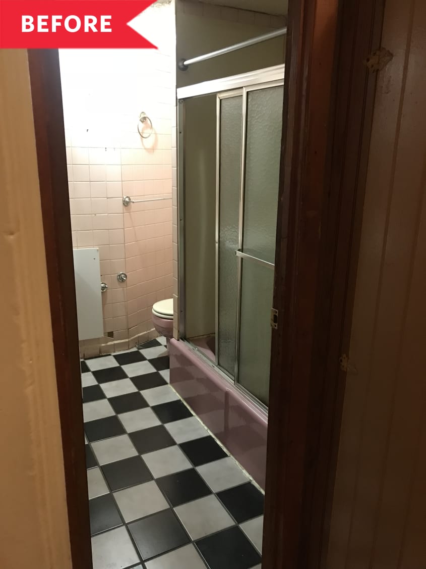 Before: Dated bathroom with black and white checkerboard floors and pink shower base