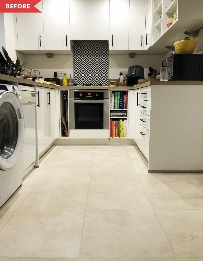 Before: White kitchen with white tile floors