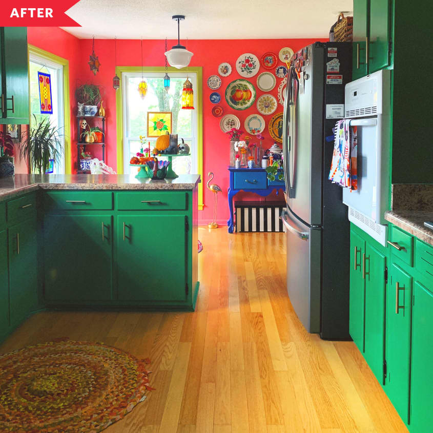 After: kitchen with bold green cabinets and coral walls