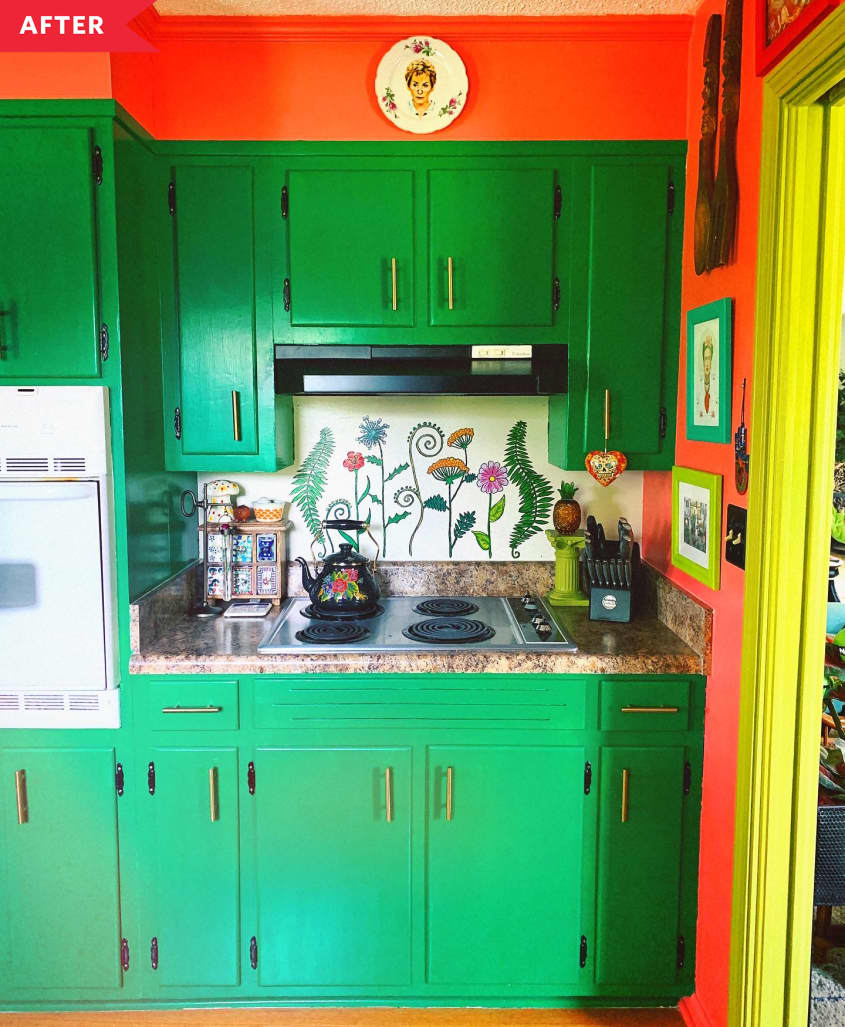 After: kitchen with bold green cabinets and coral walls