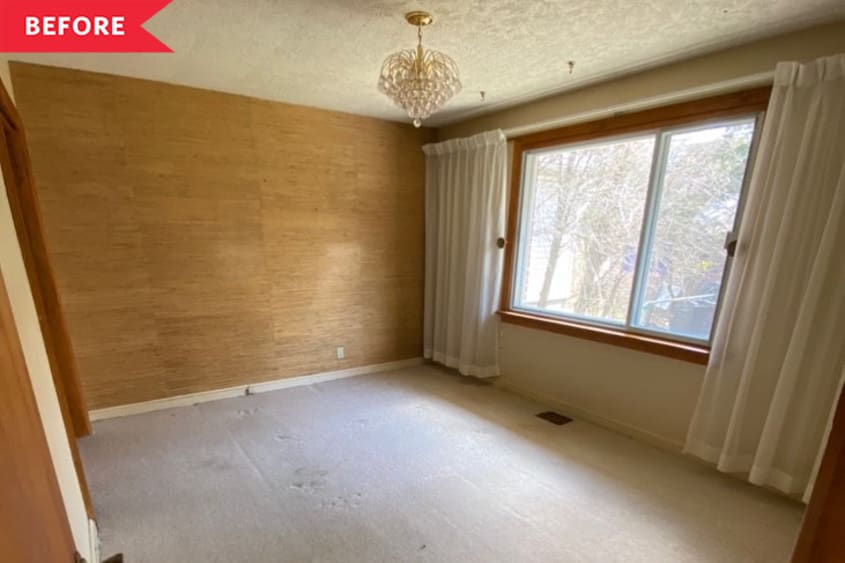 Before: Bedroom with beige carpet, grasscloth accent wall, and heavy white curtains