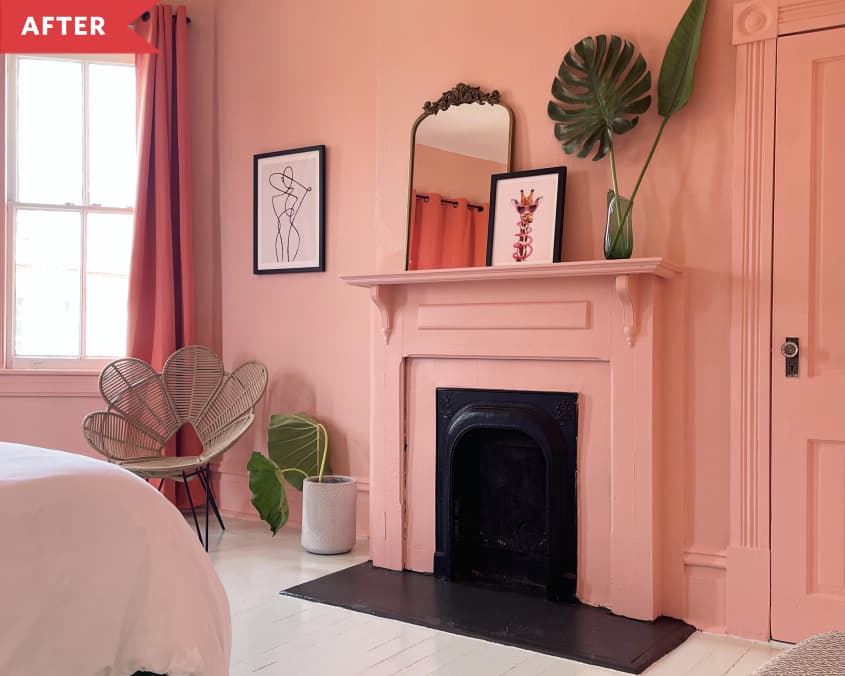 After: Pink fireplace in room with pink walls