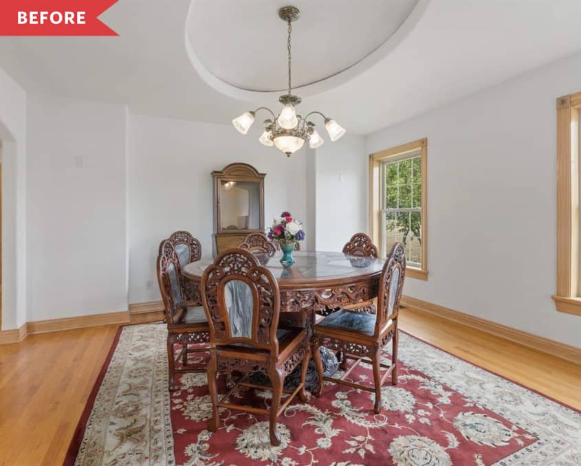 Before: Dining room with white walls, traditional furniture, and traditional chandelier