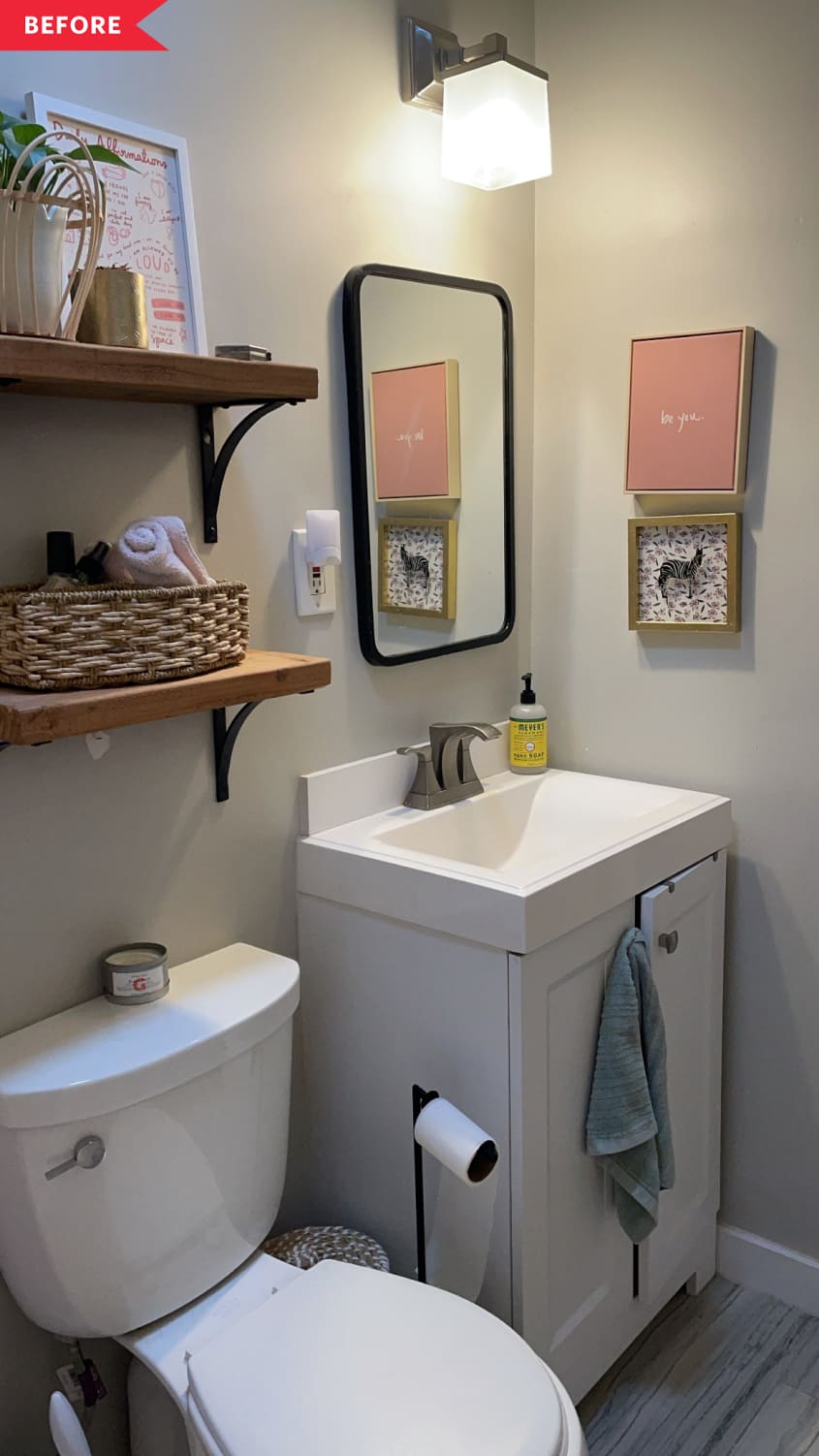 Before: Bathroom with beige walls and white vanity