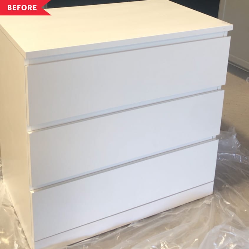 Before: White three-drawer IKEA MALM dresser