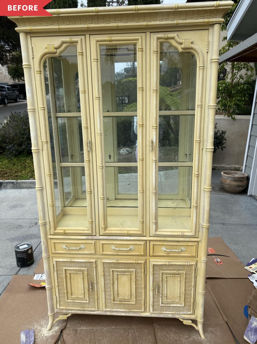 Before: Vintage china cabinet with bamboo details and creamy yellow color