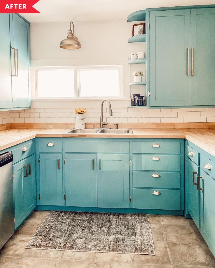 After: Kitchen with blue cabinets and wood countertops
