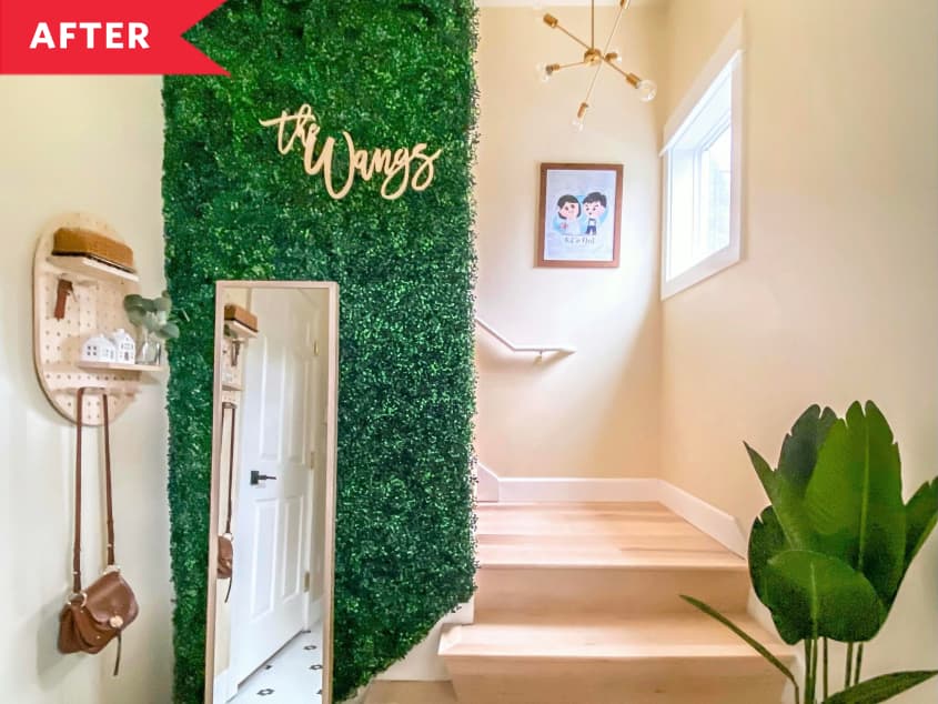After: Entryway with floor length mirror, shelf, and greenery wall