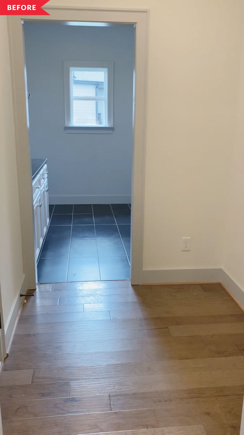 Before: empty mudroom with wood floors and cream-colored walls