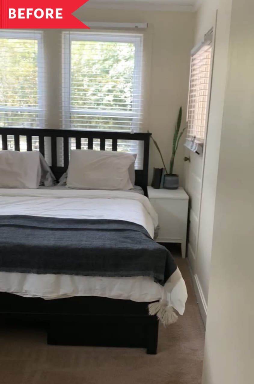 Before: Bedroom with yellowish walls and black basic IKEA bed