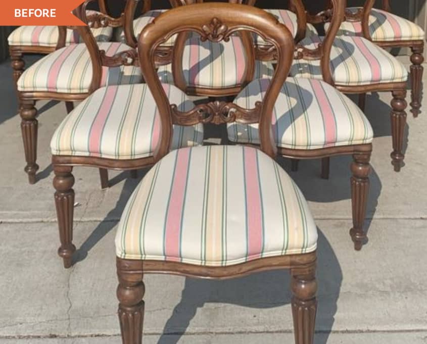 Before: Ornate wood-framed chairs with striped upholstered seat