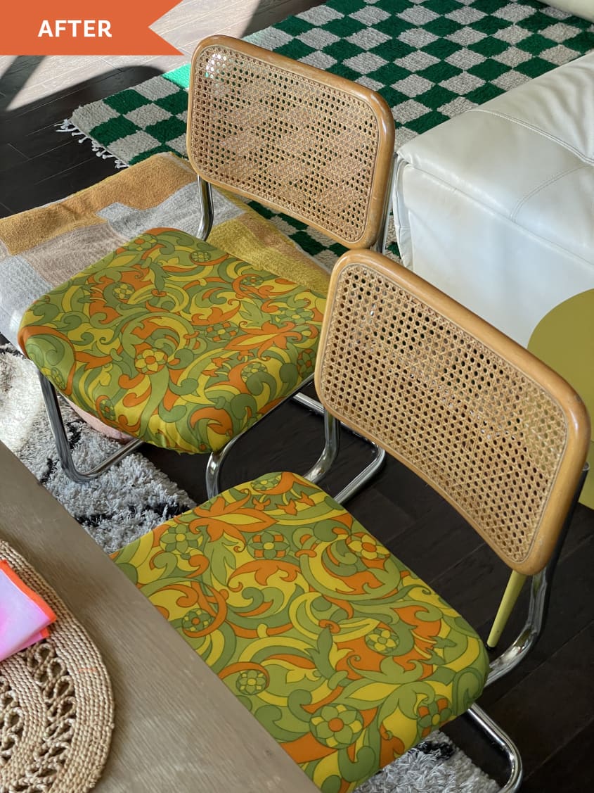 After: Caned chairs with patterned fabric seats in a '70s-style green, orange, and gold color scheme