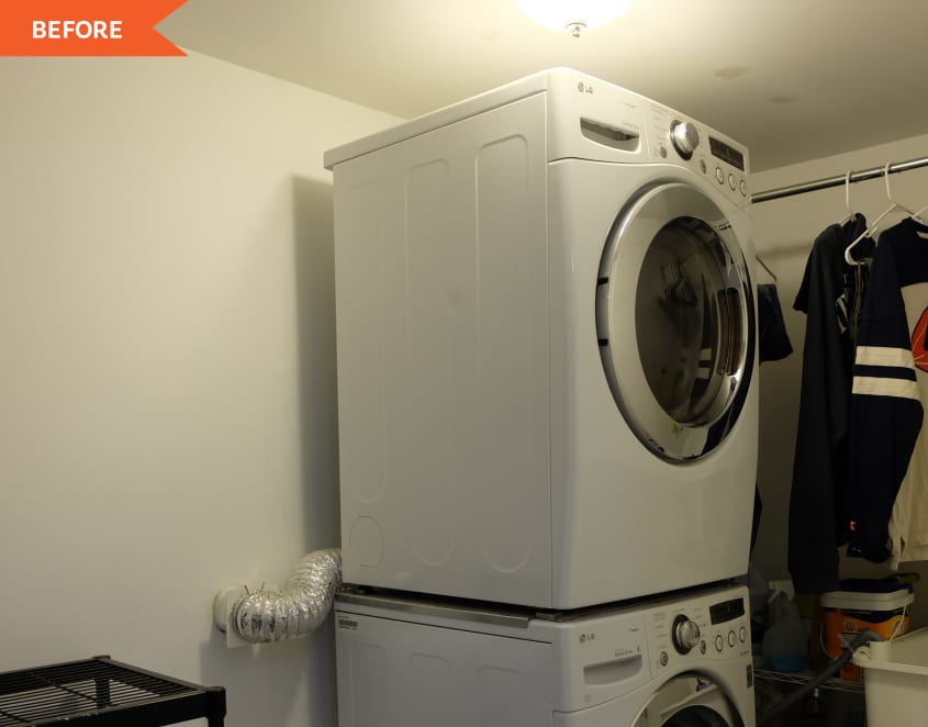 Before: Stacked washer/dryer in corner of laundry room