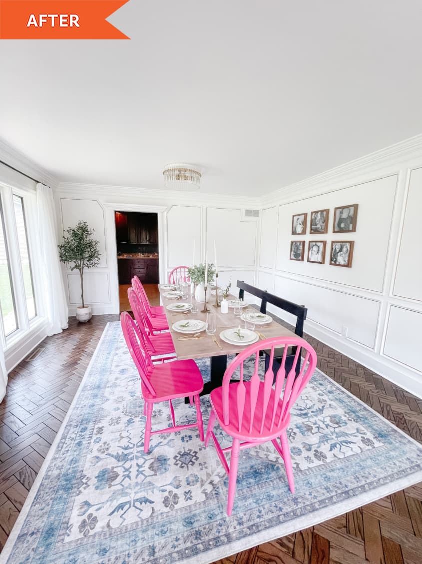 After: white room with blue rug and dining table with pink chairs