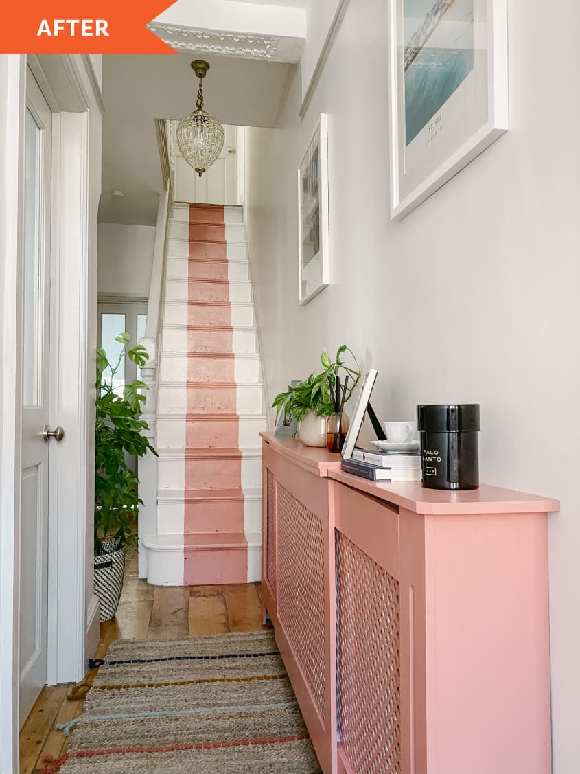 After: white staircase with a pink stripe down the middle