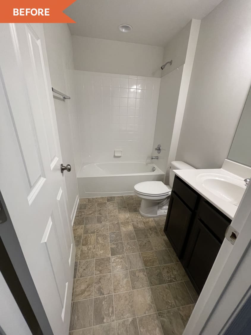 Before: Bathroom with white walls and tan tile floors