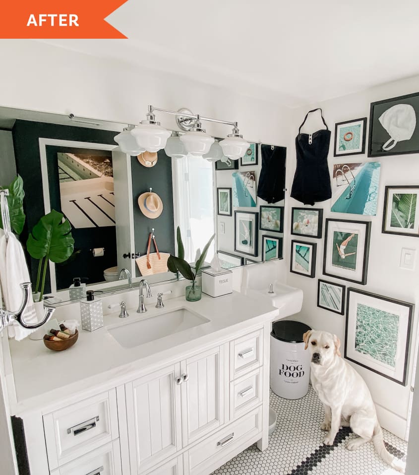 After: Bathroom with beach-themed gallery wall
