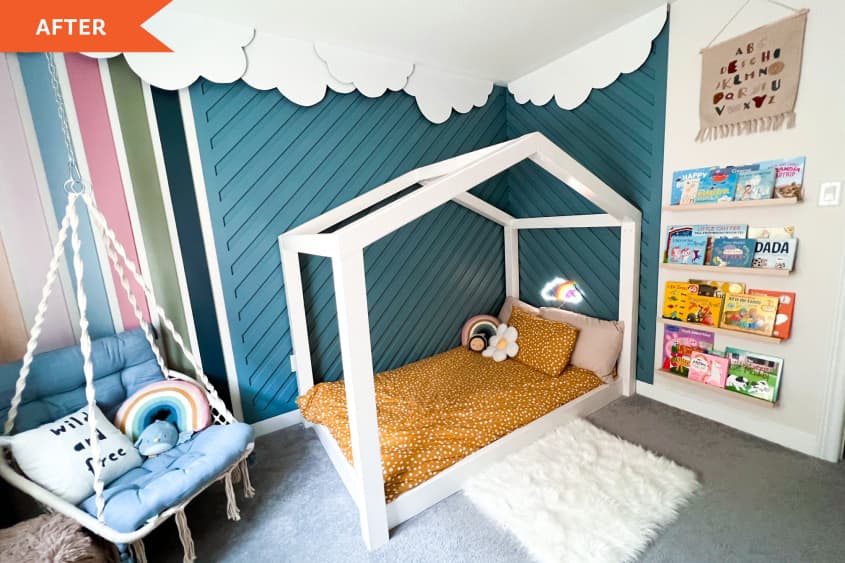 After: a room with cloud and rainbow walls, a swing, and a bed