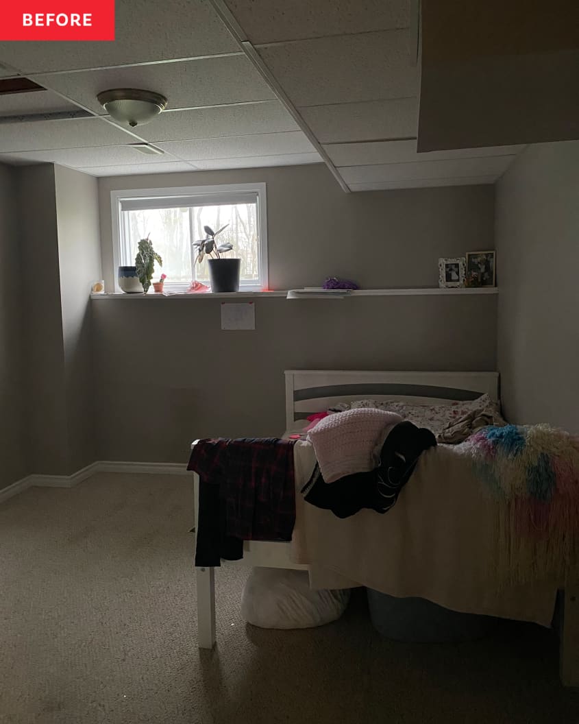 Before: a small white bed by gray walls